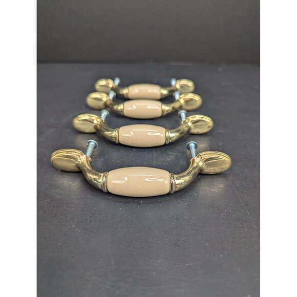 Cabinet or Drawer Pulls Cream Color Ceramic and Gold 3 Inch Center Lot of 4 - Picture 2 of 6